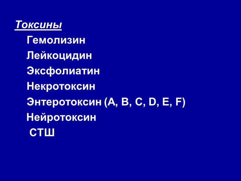 Токсины Гемолизин Лейкоцидин Эксфолиатин  Некротоксин Энтеротоксин (A, B, C, D, E, F) 